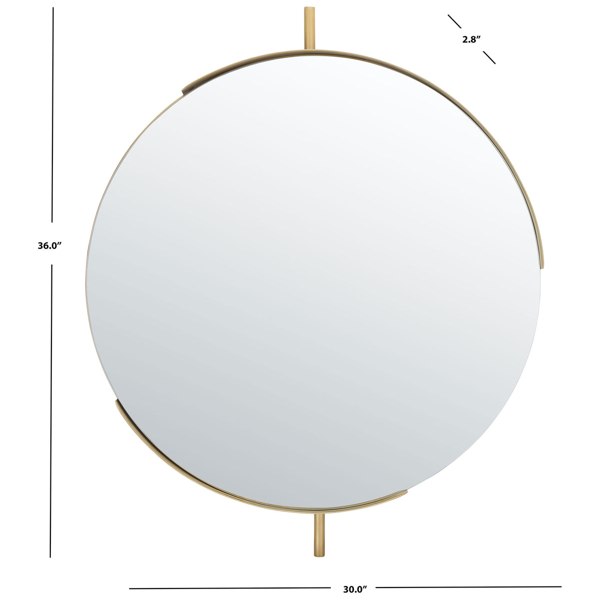 A 30-inch-wide round mirror stands 36 inches tall with slender brass-finished accents || MRR3052A || dimension_studio