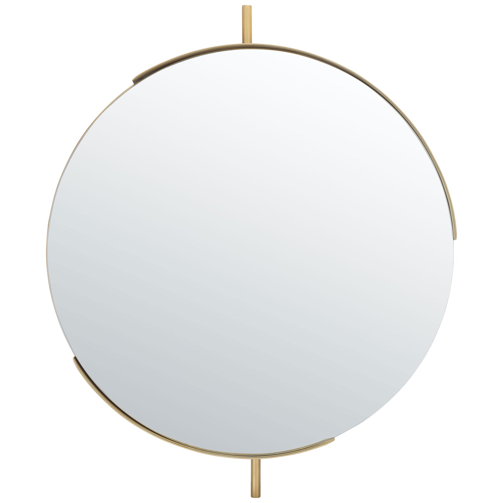 Round mirror features a brass-finished frame with slender extensions above and below || MRR3052A || front_studio