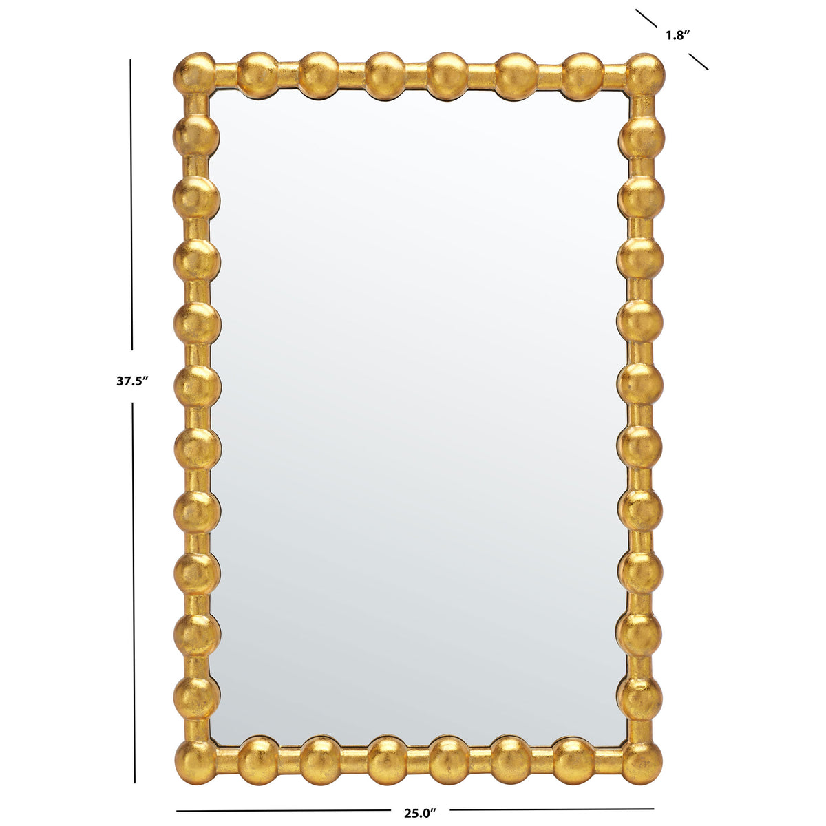 A gold beaded mirror measures 25 inches wide, 37.5 inches tall, and 1.8 inches deep. || MRR3055A || dimension_studio