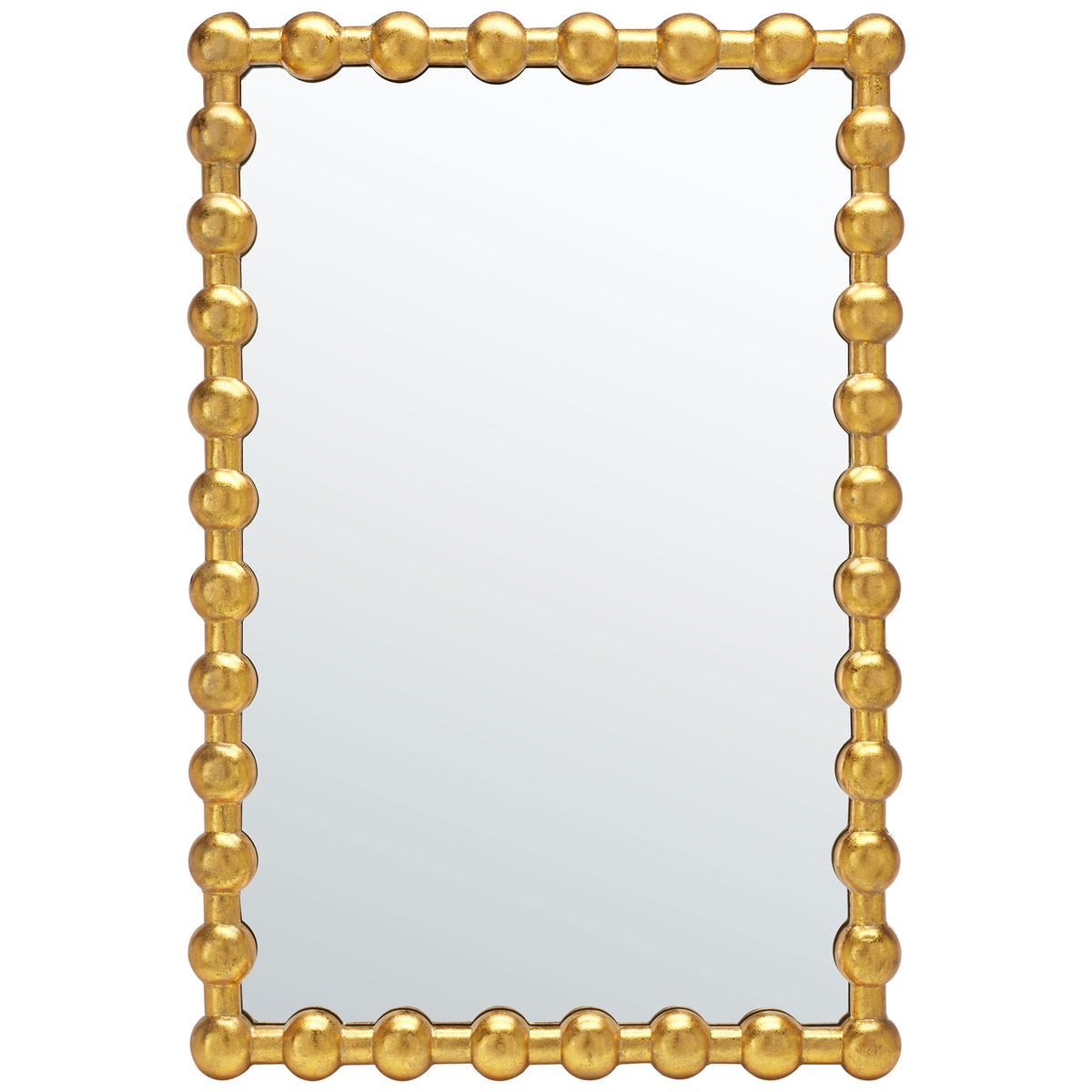 A tall rectangular mirror features a warm gold frame lined with evenly spaced round beads. || MRR3055A || front_studio
