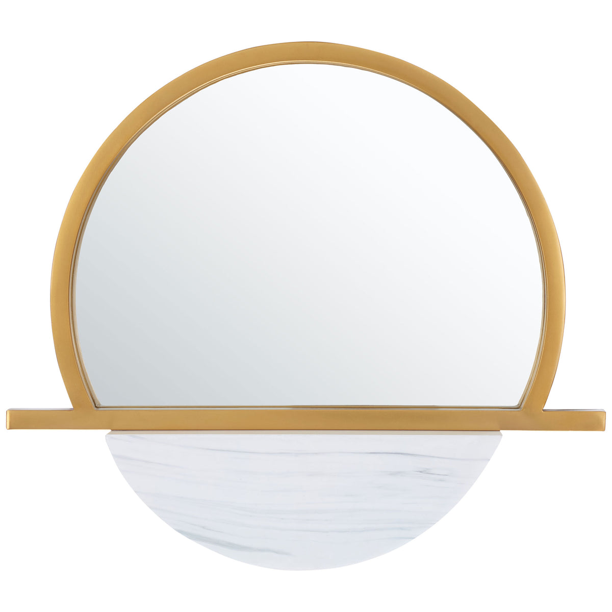 Gold arched mirror features a slim display shelf and a white marble-look semicircle || MRR3056A || front_studio