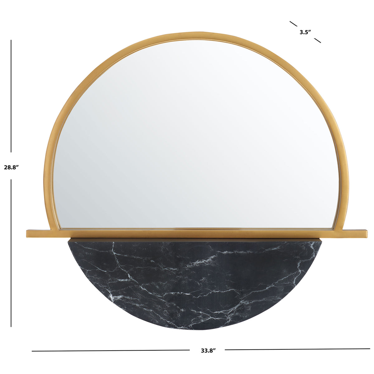 The gold-trimmed mirror measures 33.8 inches wide, 28.8 inches high, and 3.5 inches deep || MRR3058A || dimension_studio