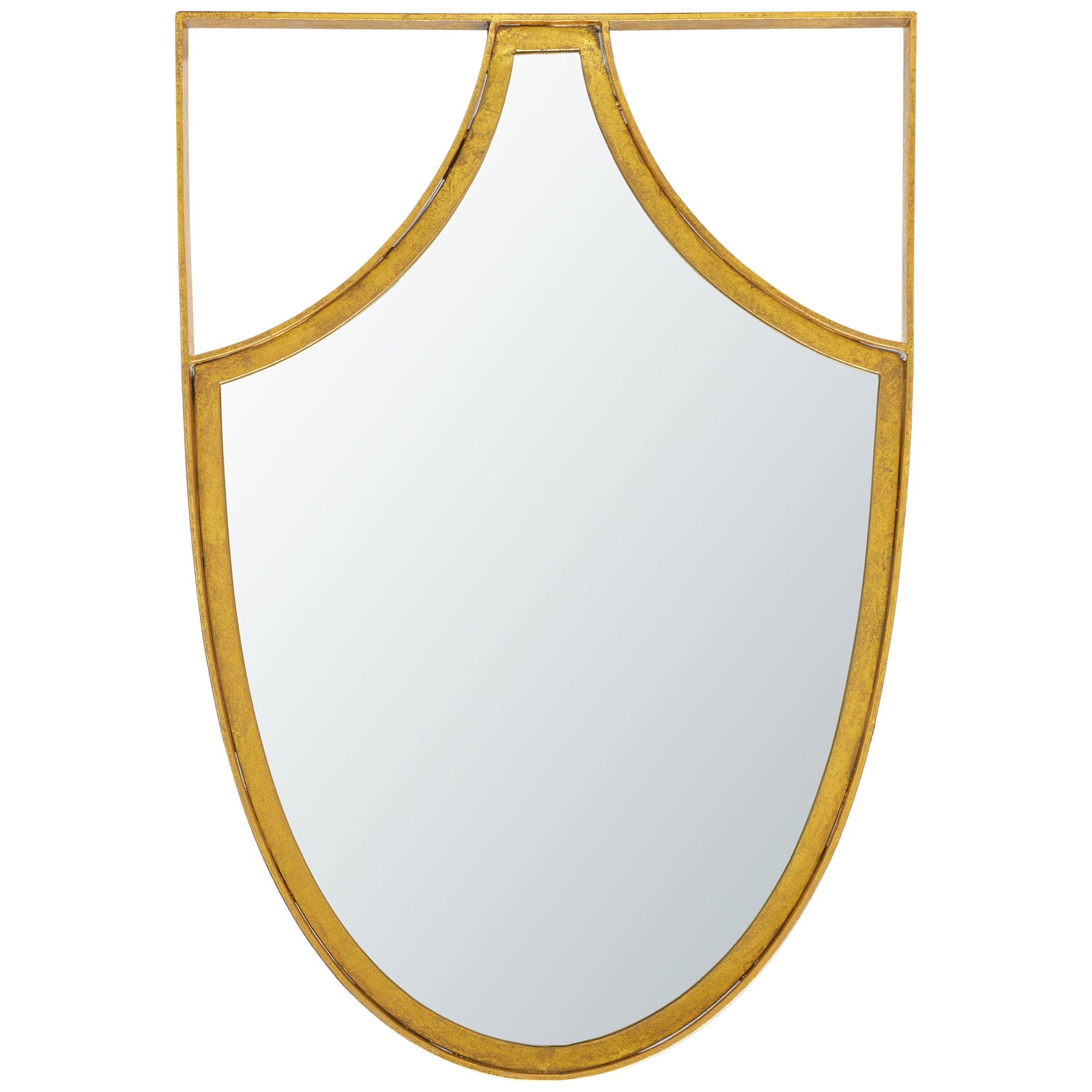 Sweeping gold curves frame a softly rounded mirror within a slim rectangular silhouette || MRR3060A || front_studio
