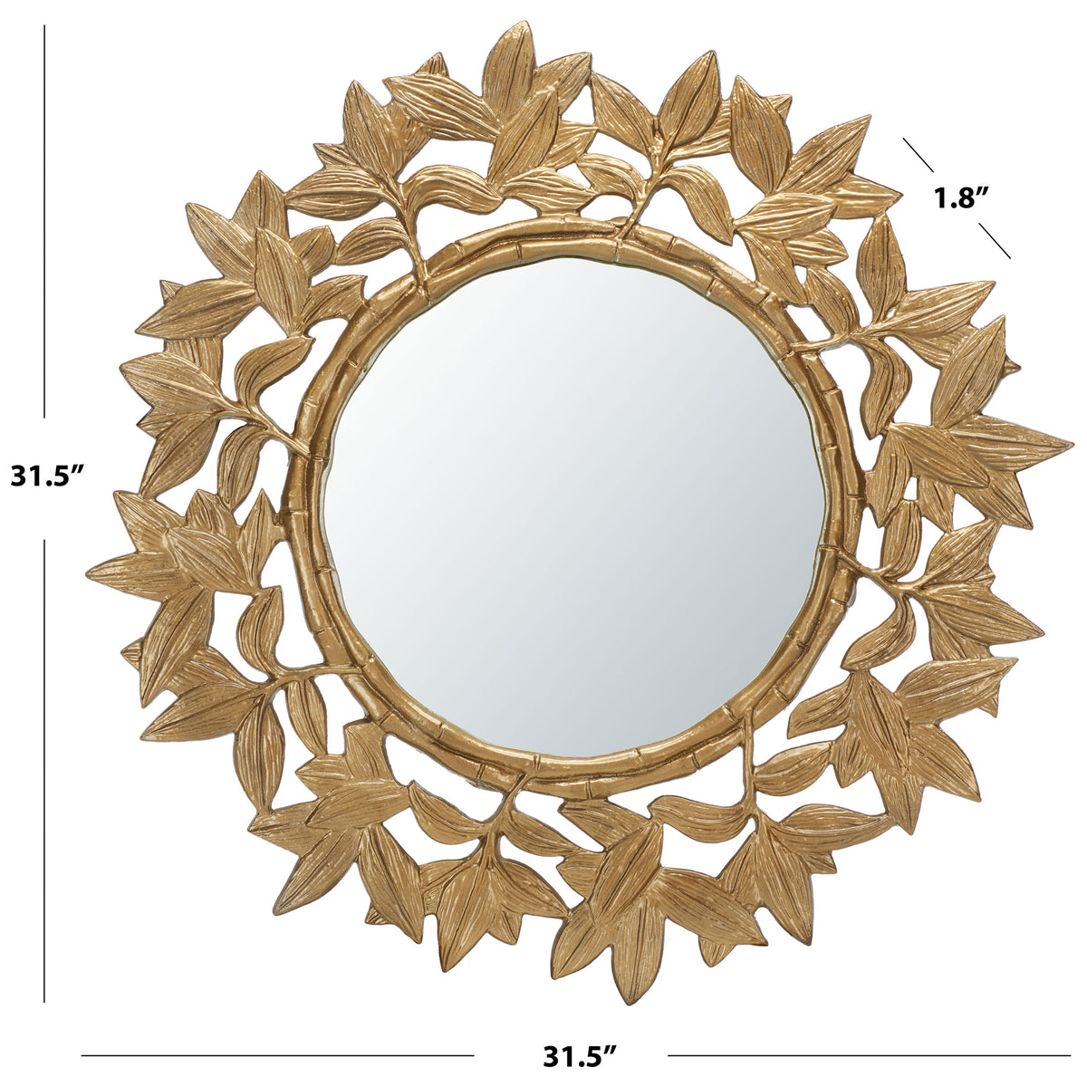 Round leaf-framed mirror measures 31.5 inches wide and 1.8 inches deep || MRR3062A || dimension_studio