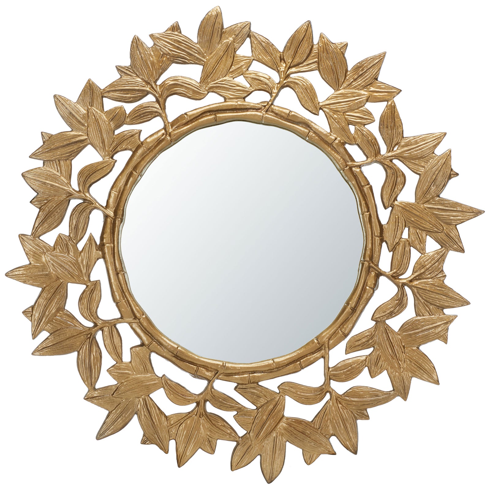 Round mirror encircled by layered, antique brass-toned leaves and branching vines || MRR3062A || front_studio