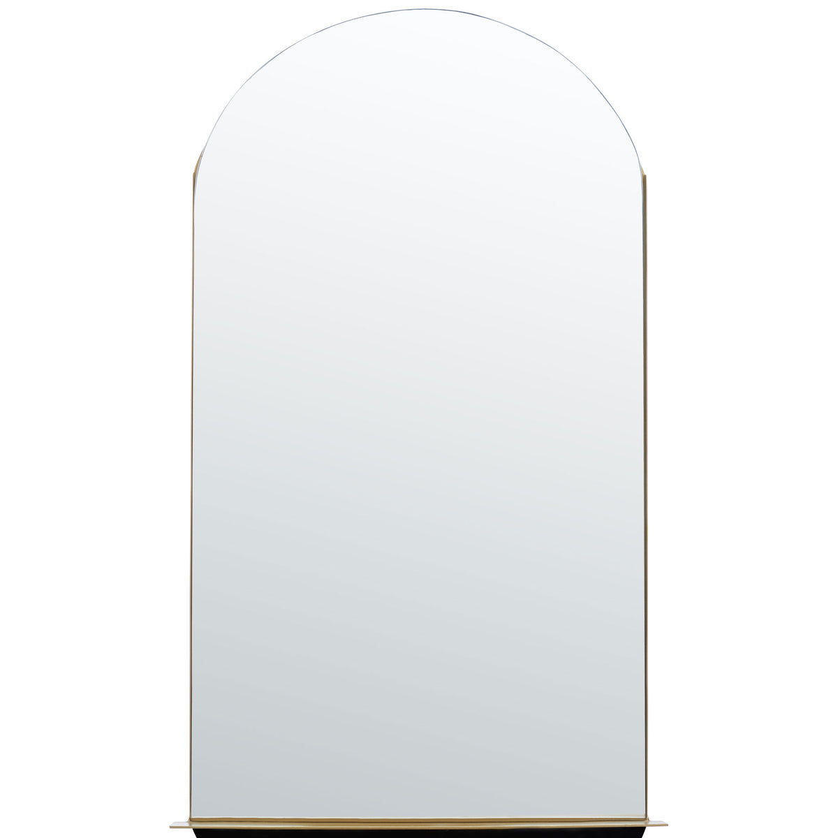 An arched mirror face sits within slim brass trim above a narrow ledge || MRR3063A || front_studio