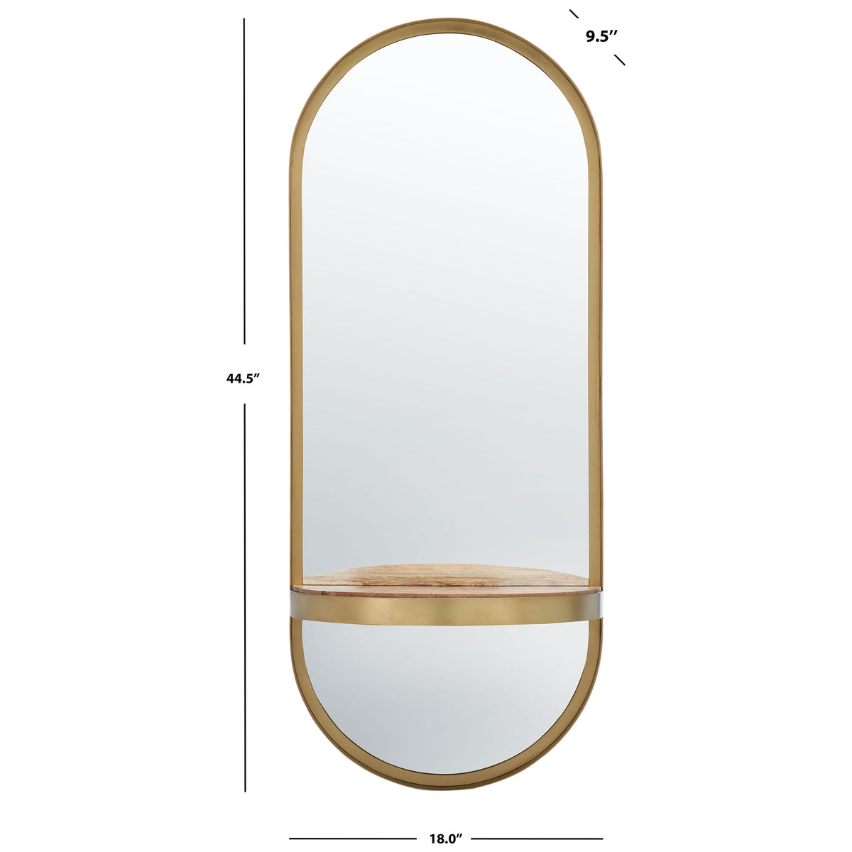 An 18-inch-wide, 44.5-inch-tall mirror combines rounded ends with a slim built-in shelf. || MRR3064A || dimension_studio