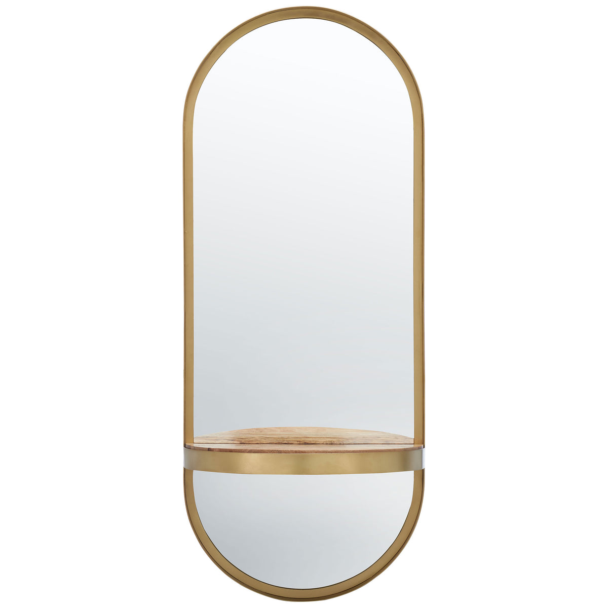 A tall brass-finished mirror pairs a slender frame with a handy shelf for small essentials. || MRR3064A || front_studio