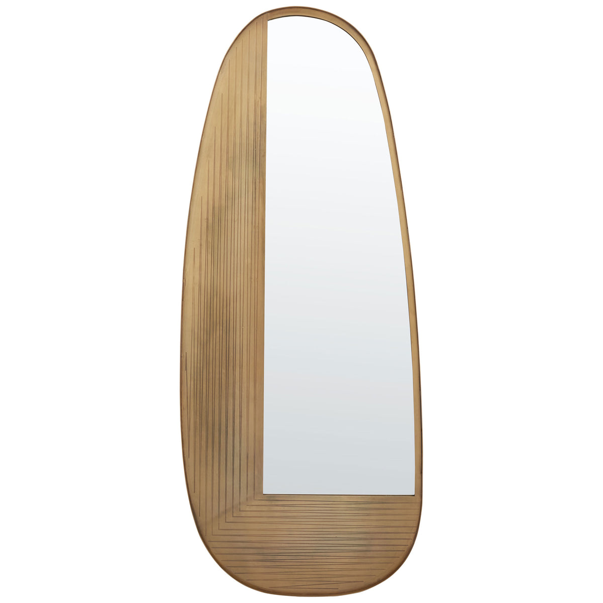 Asymmetrical wall mirror pairs tall reflective glass with a grooved antique brass-finish frame || MRR3067A || front_studio