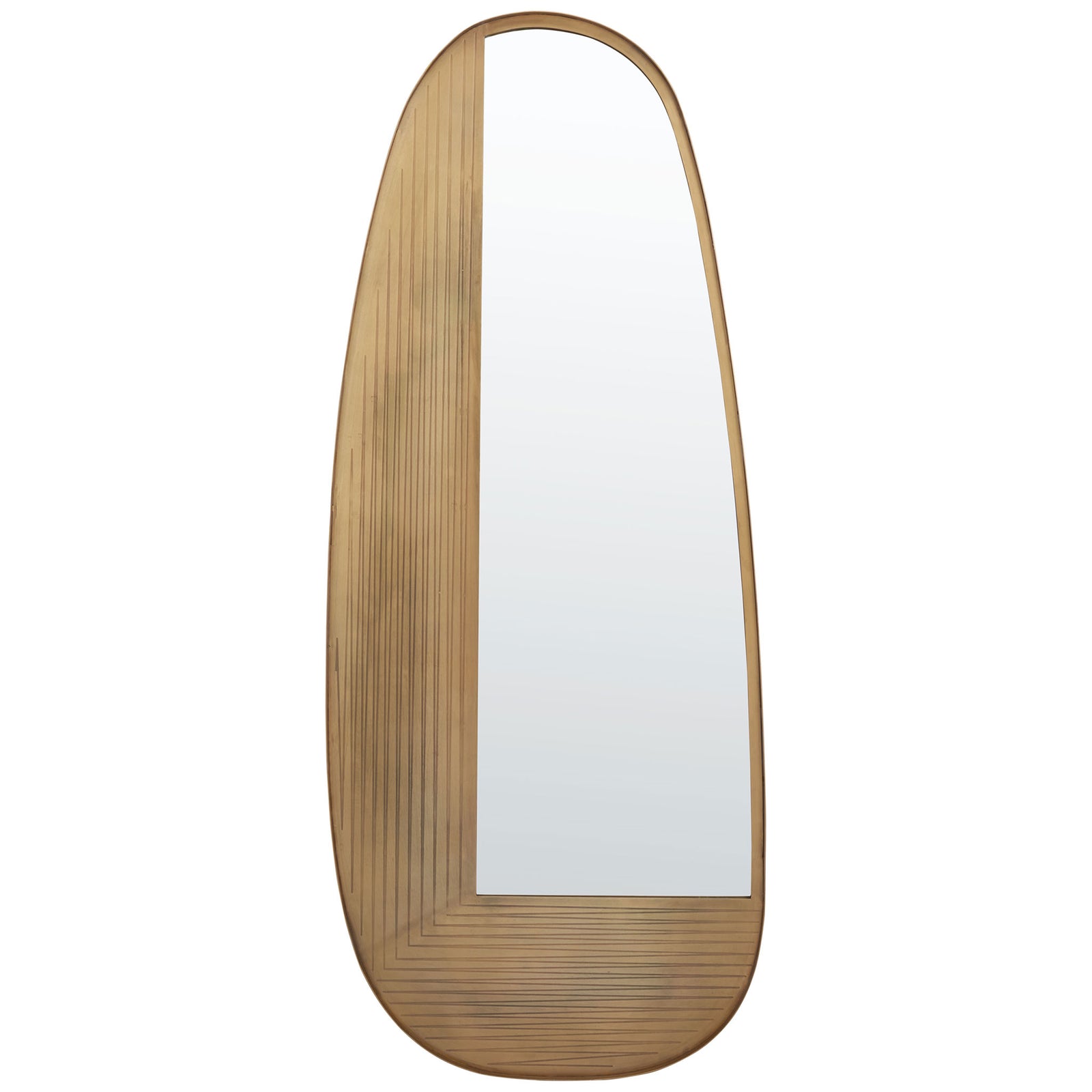 Asymmetrical wall mirror pairs tall reflective glass with a grooved antique brass-finish frame || MRR3067A || front_studio