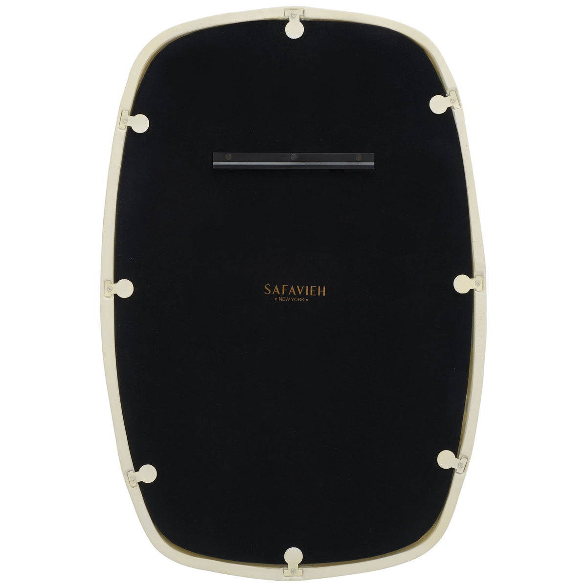 Black backing with keyhole slots and a mounting bar supports the ivory-framed mirror. || MRR3068A || back_studio
