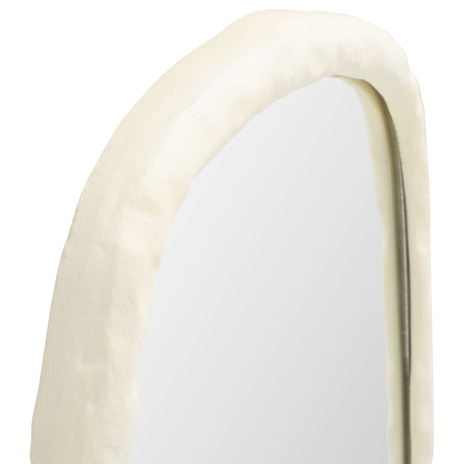Subtle raised texture adds depth to the mirror's gently curved ivory frame. || MRR3068A || detail_studio