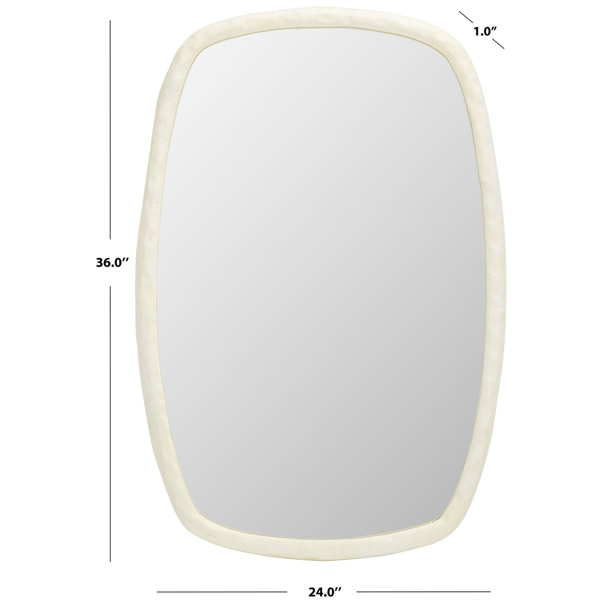 Ivory-framed mirror measures 24 inches wide, 36 inches tall, and 1 inch deep.