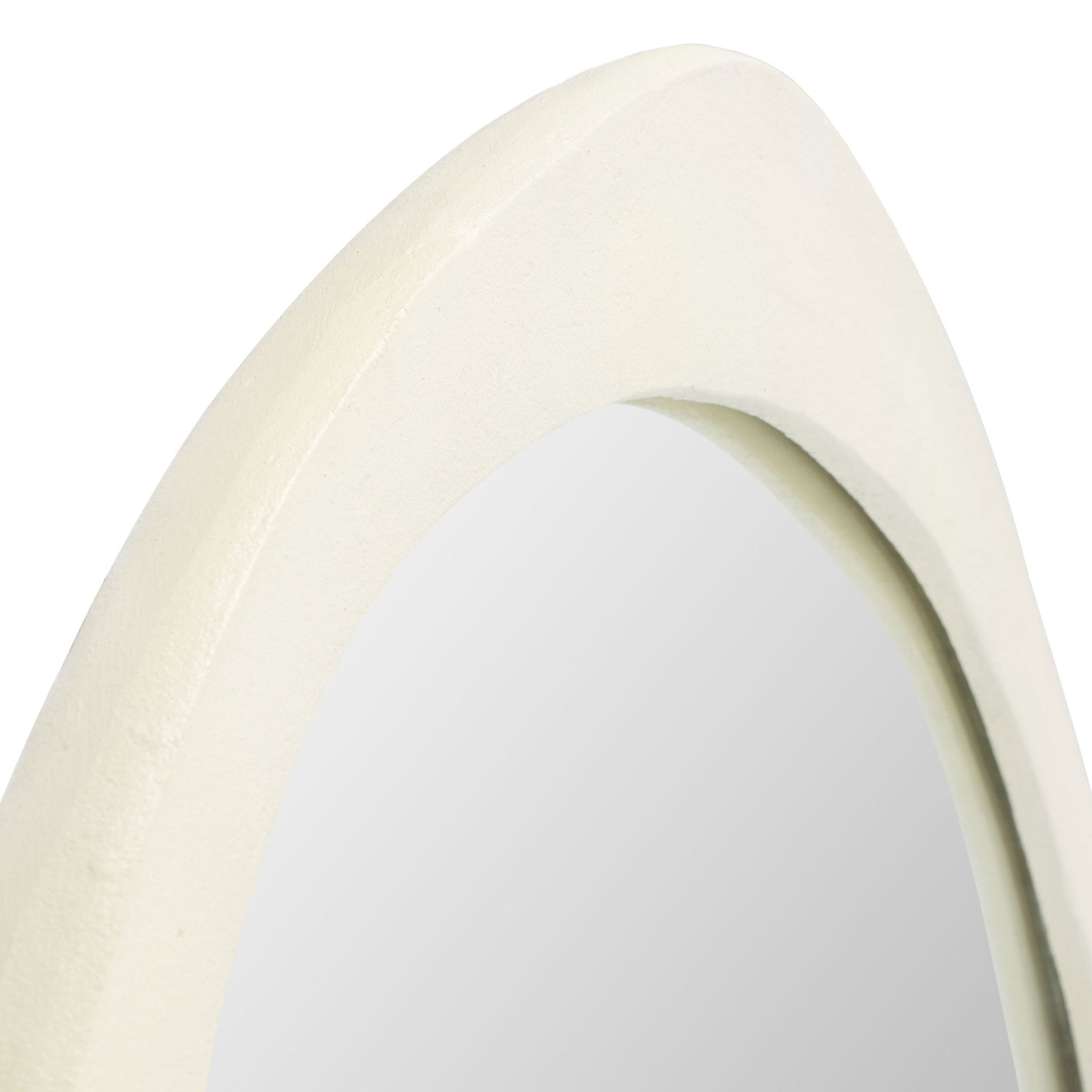 The softly textured ivory frame curves around the reflective mirror glass. || MRR3069A || detail_studio