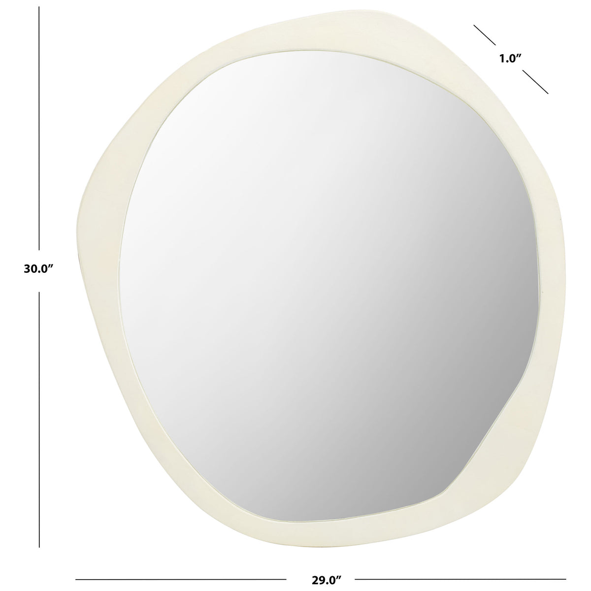 An organic ivory mirror measures 29 inches wide, 30 inches high, and 1 inch deep. || MRR3069A || dimension_studio