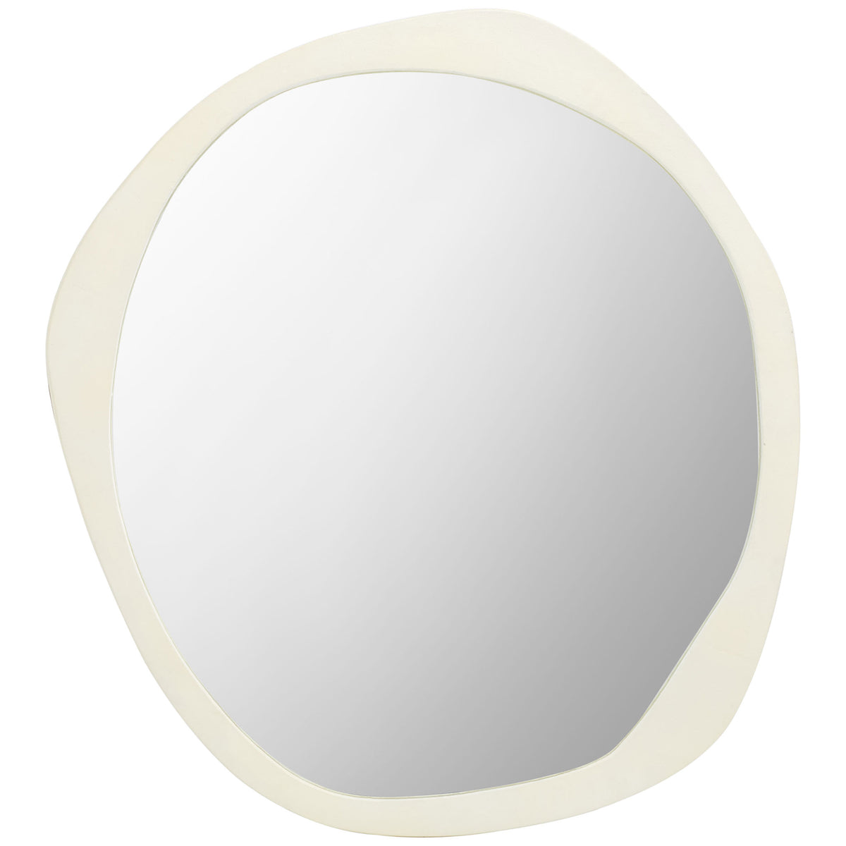 An asymmetrical ivory frame surrounds a smooth, reflective mirror surface. || MRR3069A || front_studio