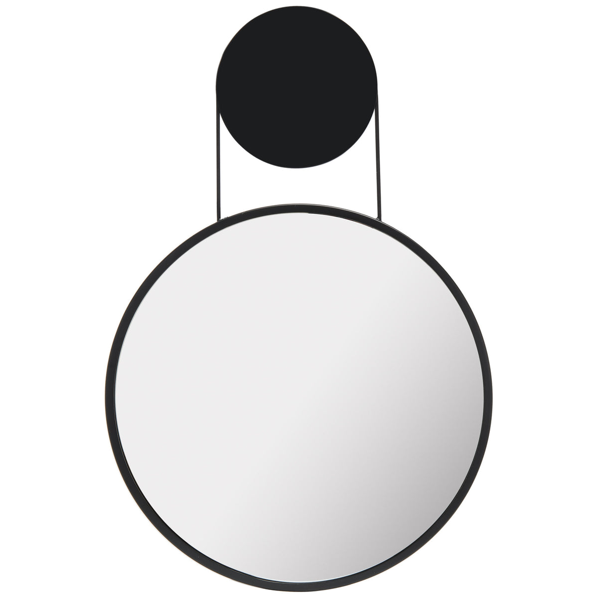 A large round mirror sits below a smaller matte black disc, linked by slim iron supports. || MRR3071A || front_studio