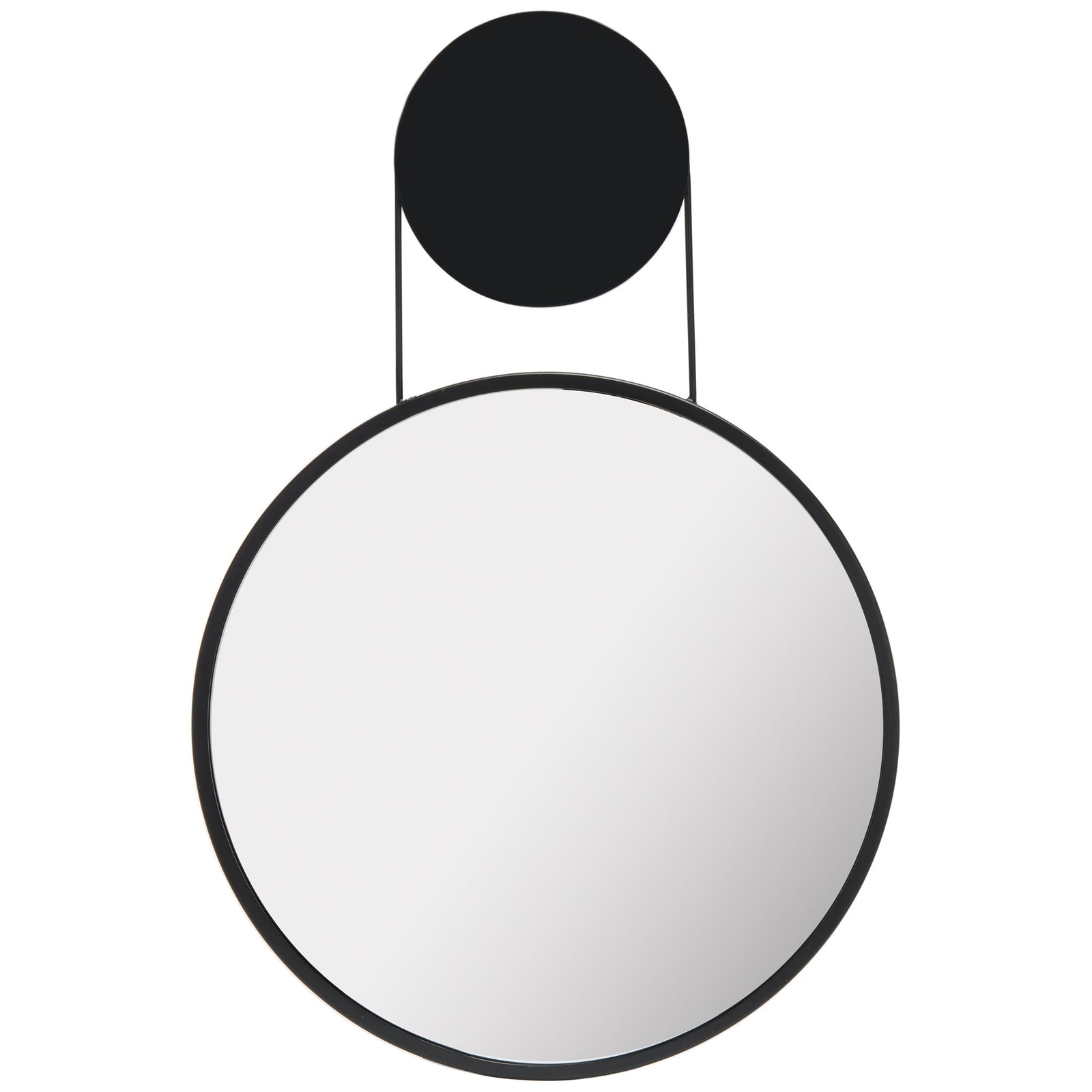 A large round mirror sits below a smaller matte black disc, linked by slim iron supports. || MRR3071A || front_studio