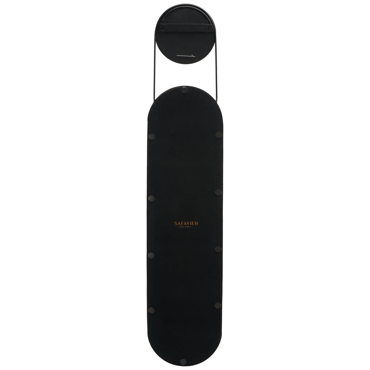 Matte black backing and slender metal supports connect the rounded mirror to its circular top accent. || MRR3072A || back_studio