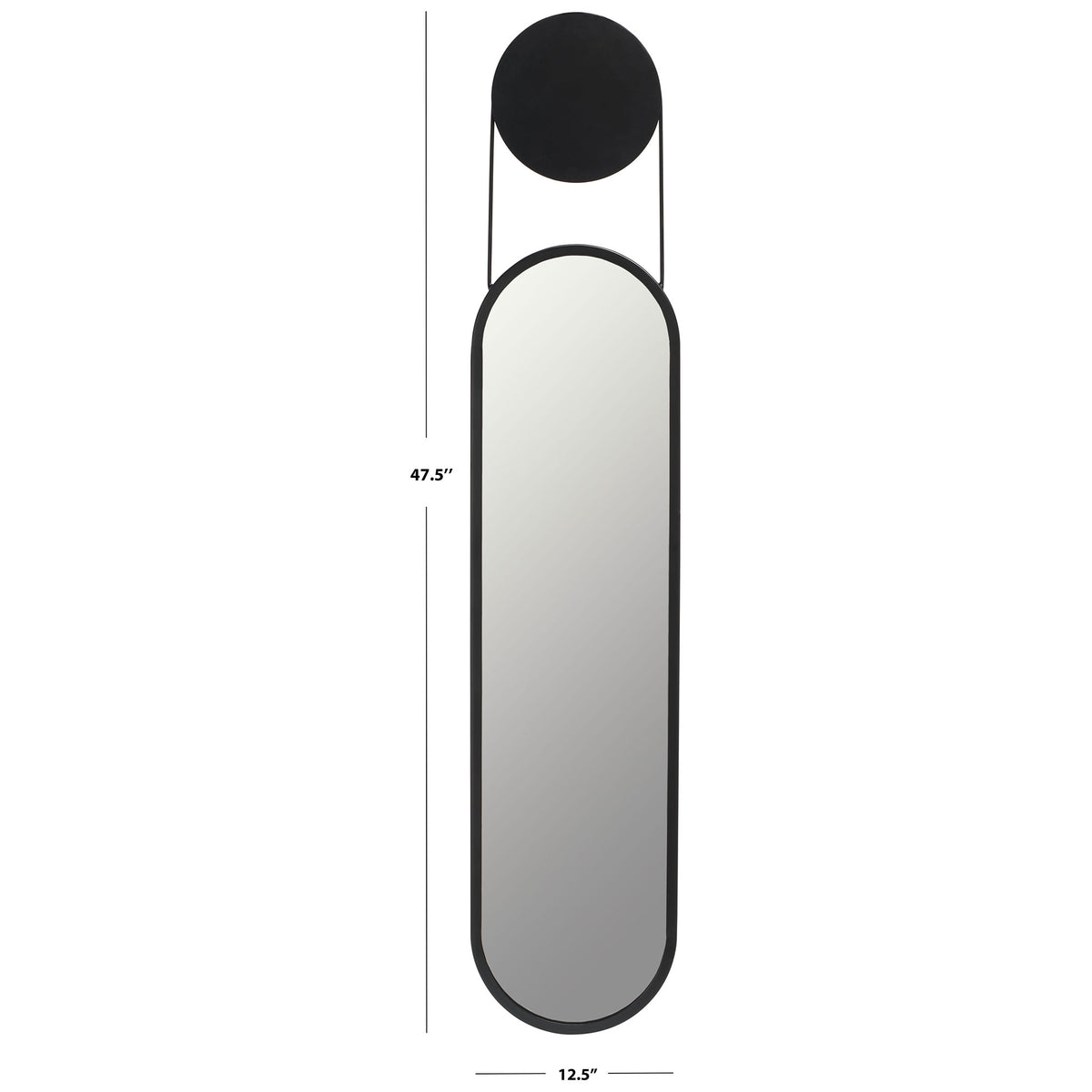 At 12.5 inches wide and 47.5 inches tall, this slim mirror features rounded ends and a circular top accent. || MRR3072A || dimension_studio