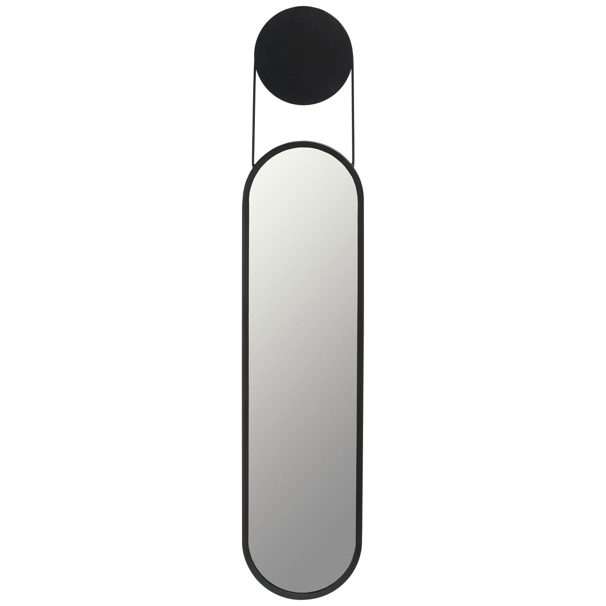 An elongated mirror in a slim matte black frame is linked to a round metal accent by slender rods. || MRR3072A || front_studio