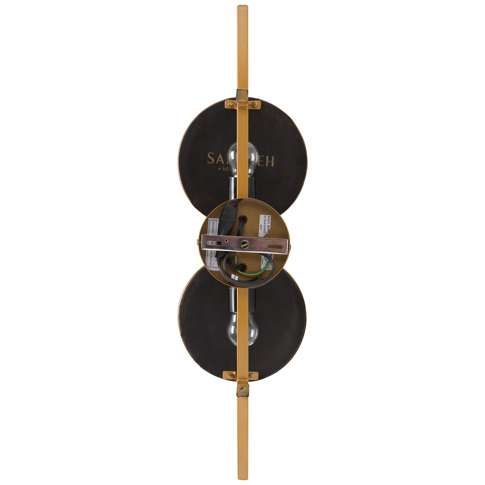A gold vertical bar links two circular mirror housings with a central wall-mount bracket. || MRR3073A || back_studio
