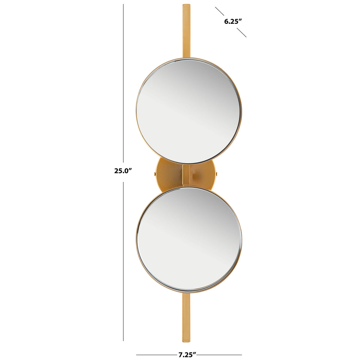 Two round mirrors form a slim, 25-inch-tall wall accent with a warm gold finish. || MRR3073A || dimension_studio