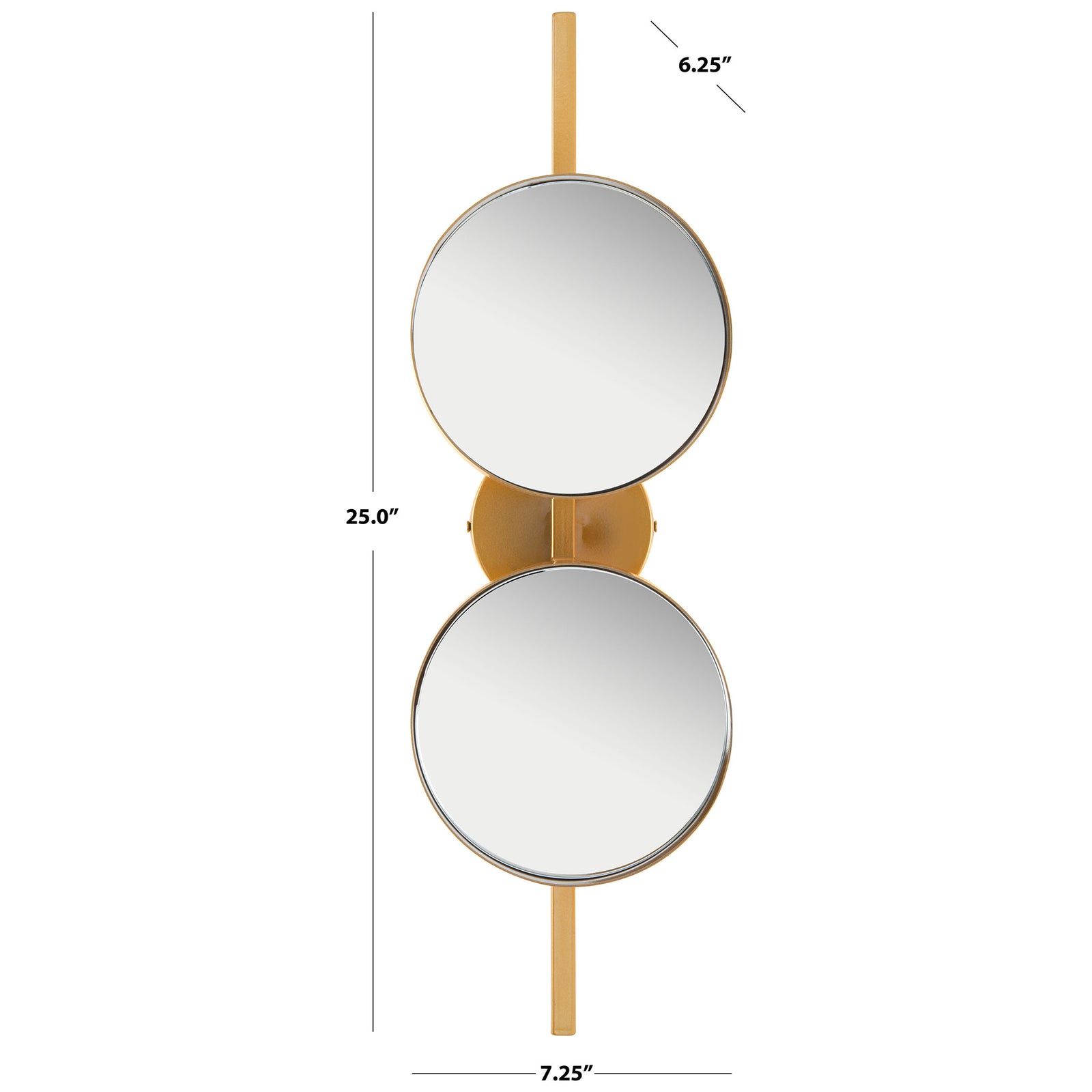 Two round mirrors form a slim, 25-inch-tall wall accent with a warm gold finish. || MRR3073A || dimension_studio