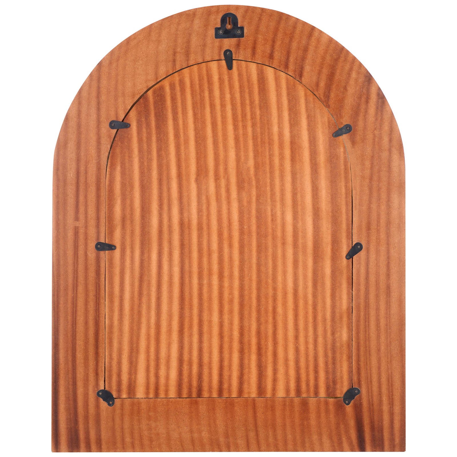 Wood-grain backing with a keyhole hanger and metal clips supports the arched mirror. || MRR4000A || back_studio