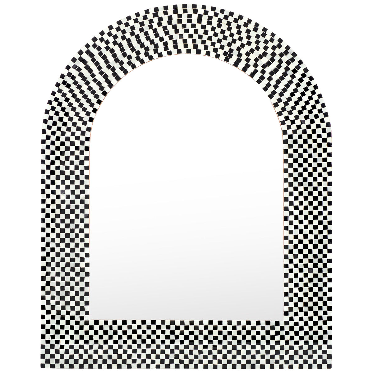 Arched wall mirror framed by a bold pattern of black and white glass mosaic squares. || MRR4000A || front_studio