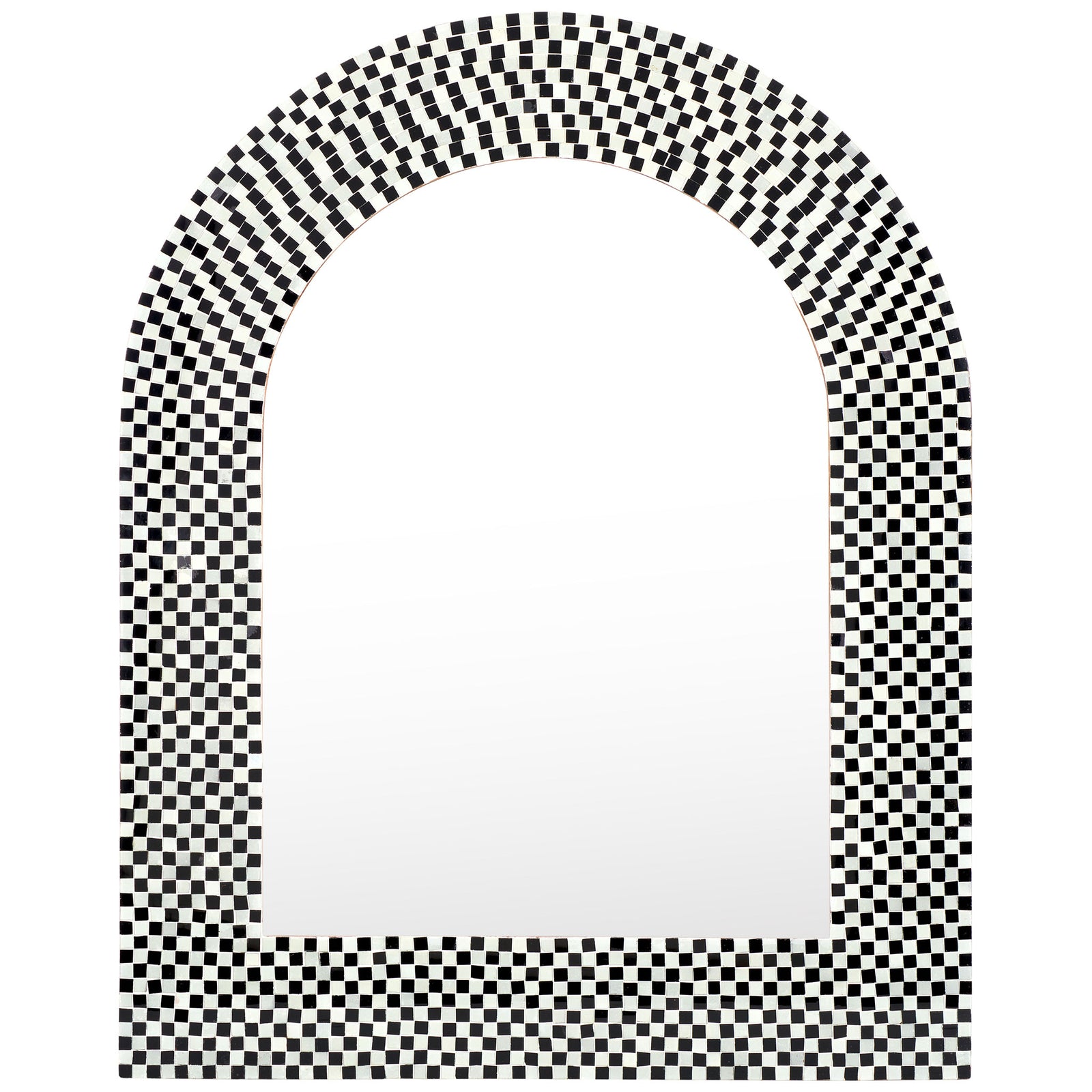 Arched wall mirror framed by a bold pattern of black and white glass mosaic squares. || MRR4000A || front_studio