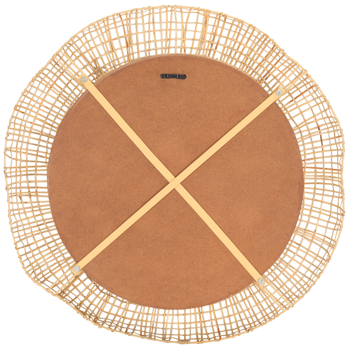 Crossed supports and a keyhole hanger sit behind the round mirror's woven cane frame || MRR4001A || back_studio
