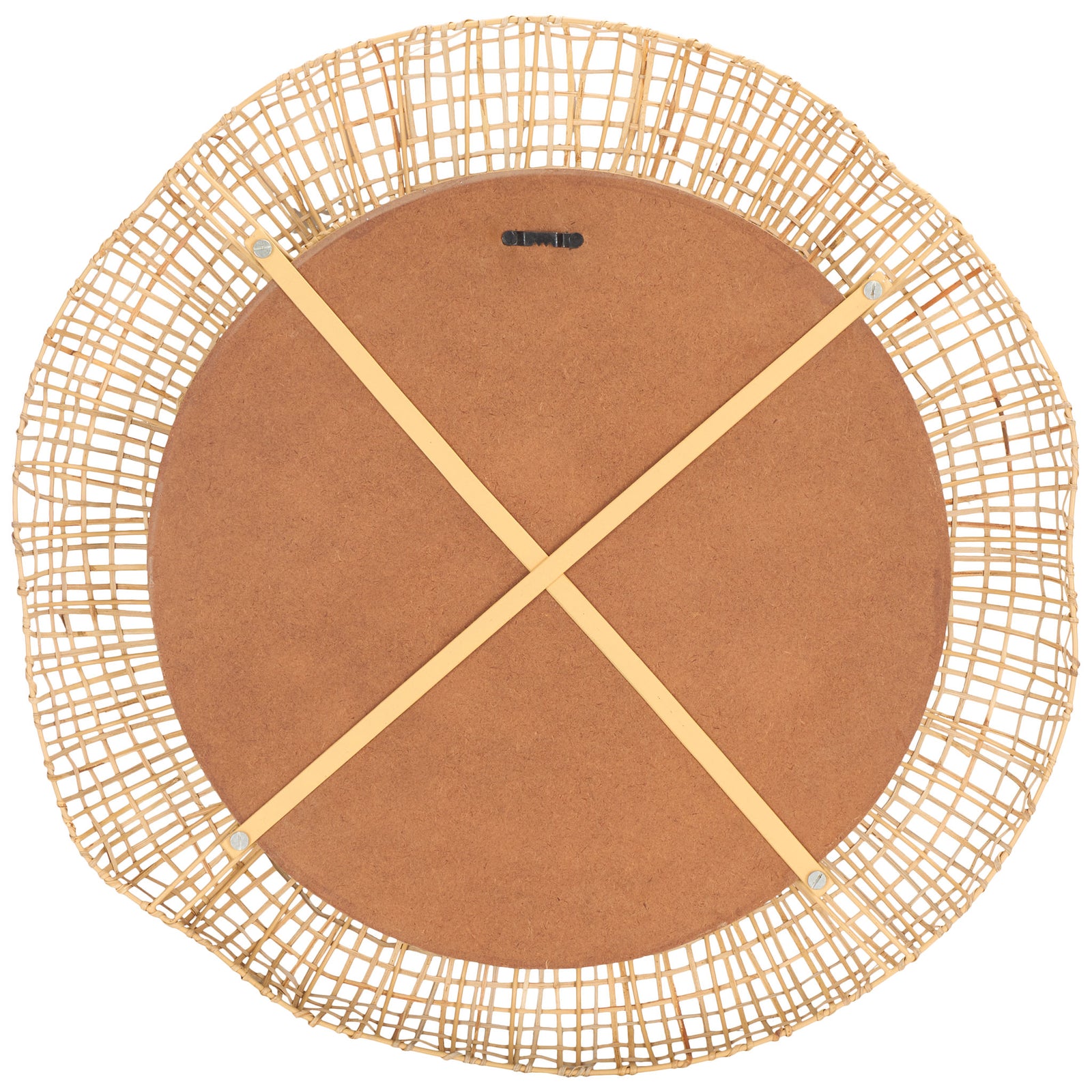 Crossed supports and a keyhole hanger sit behind the round mirror's woven cane frame || MRR4001A || back_studio
