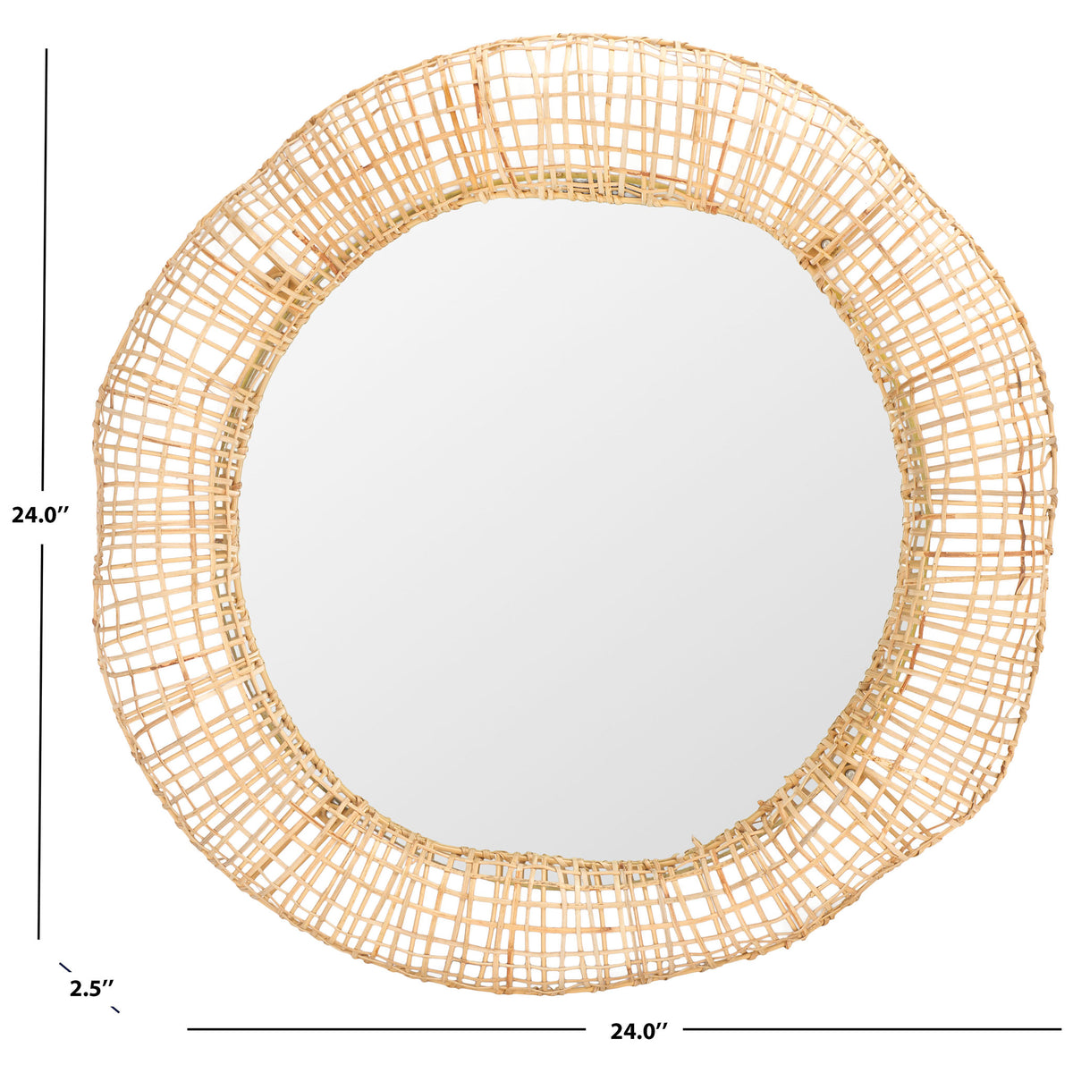 The round cane-framed mirror measures 24 inches across and 2.5 inches deep || MRR4001A || dimension_studio