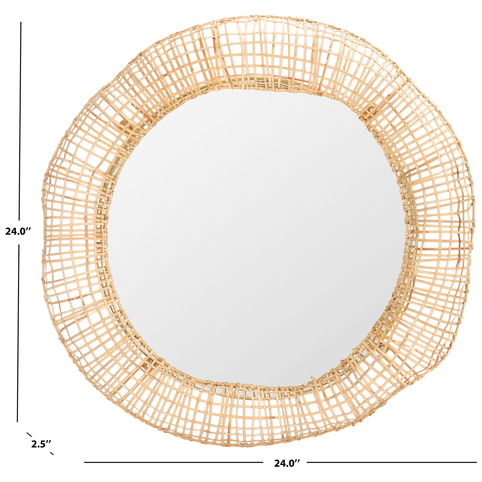The round cane-framed mirror measures 24 inches across and 2.5 inches deep || MRR4001A || dimension_studio