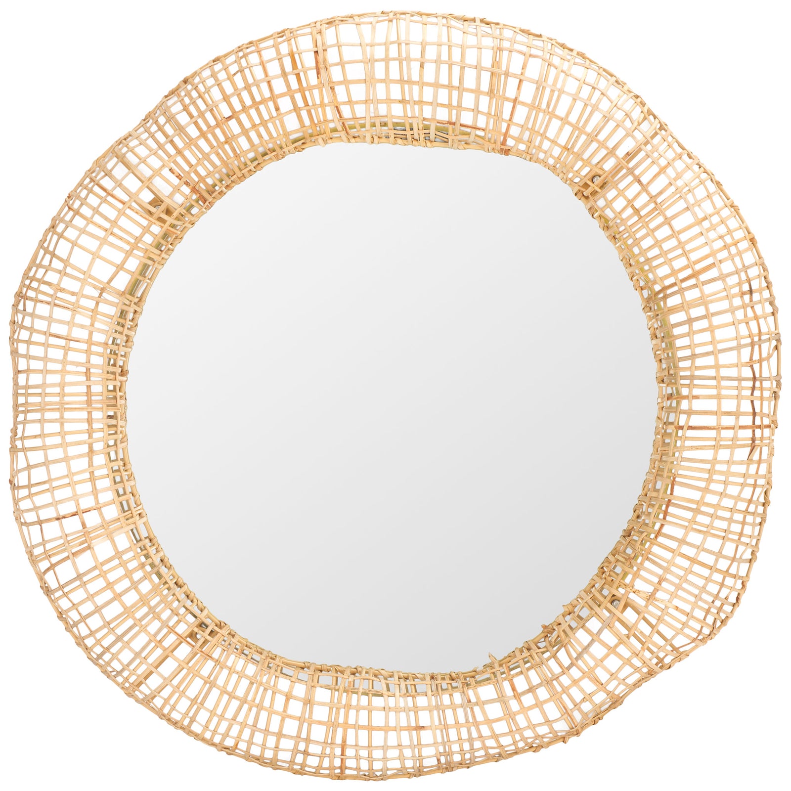 A round wall mirror is bordered by an airy lattice of natural woven cane || MRR4001A || front_studio
