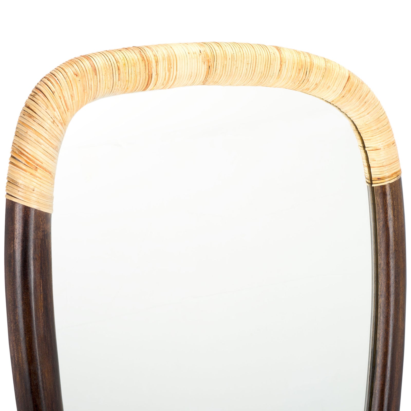 Cane-wrapped curves contrast with dark brown wood along the mirror frame || MRR4002A || detail_studio