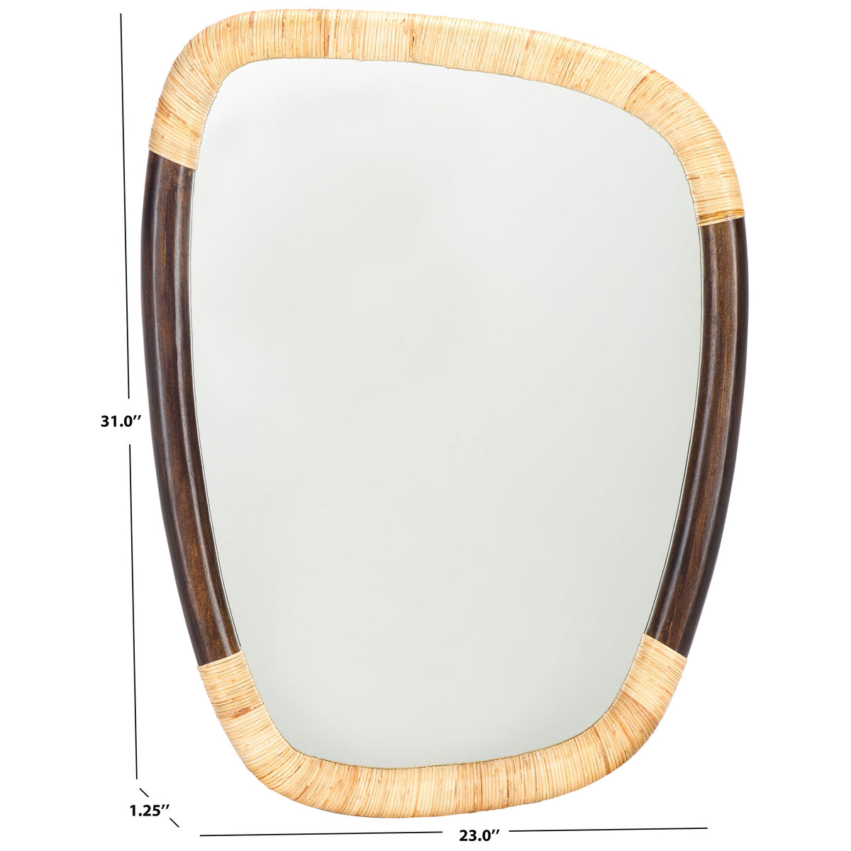 Curved cane-and-wood mirror measures 23 inches wide, 31 inches tall, and 1.25 inches deep || MRR4002A || dimension_studio
