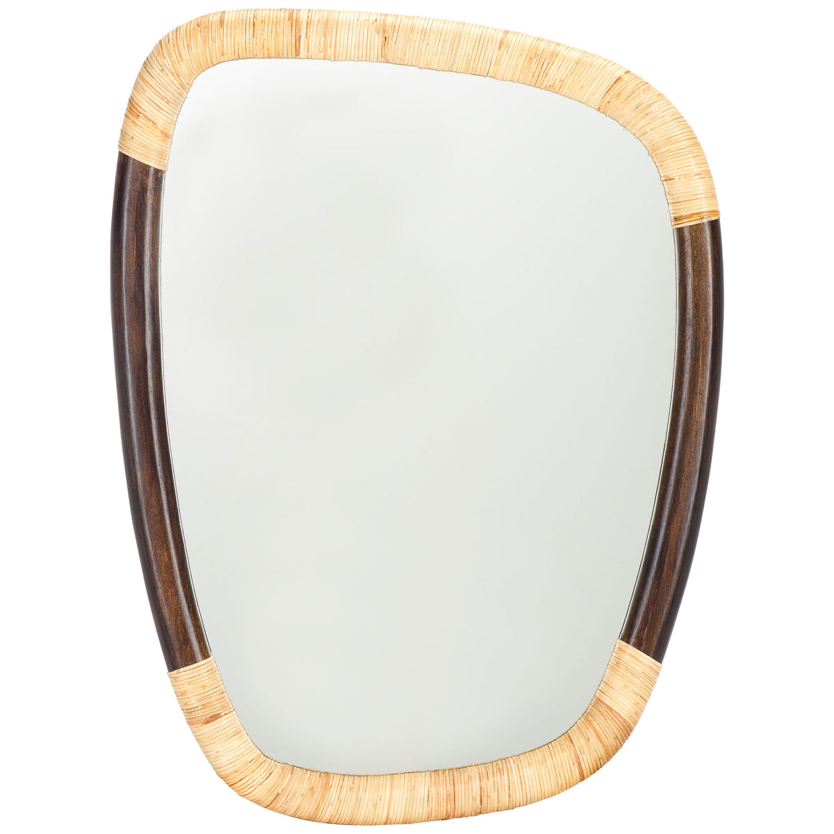 Asymmetric mirror features a natural cane-wrapped edge and rich brown wood sides || MRR4002A || front_studio