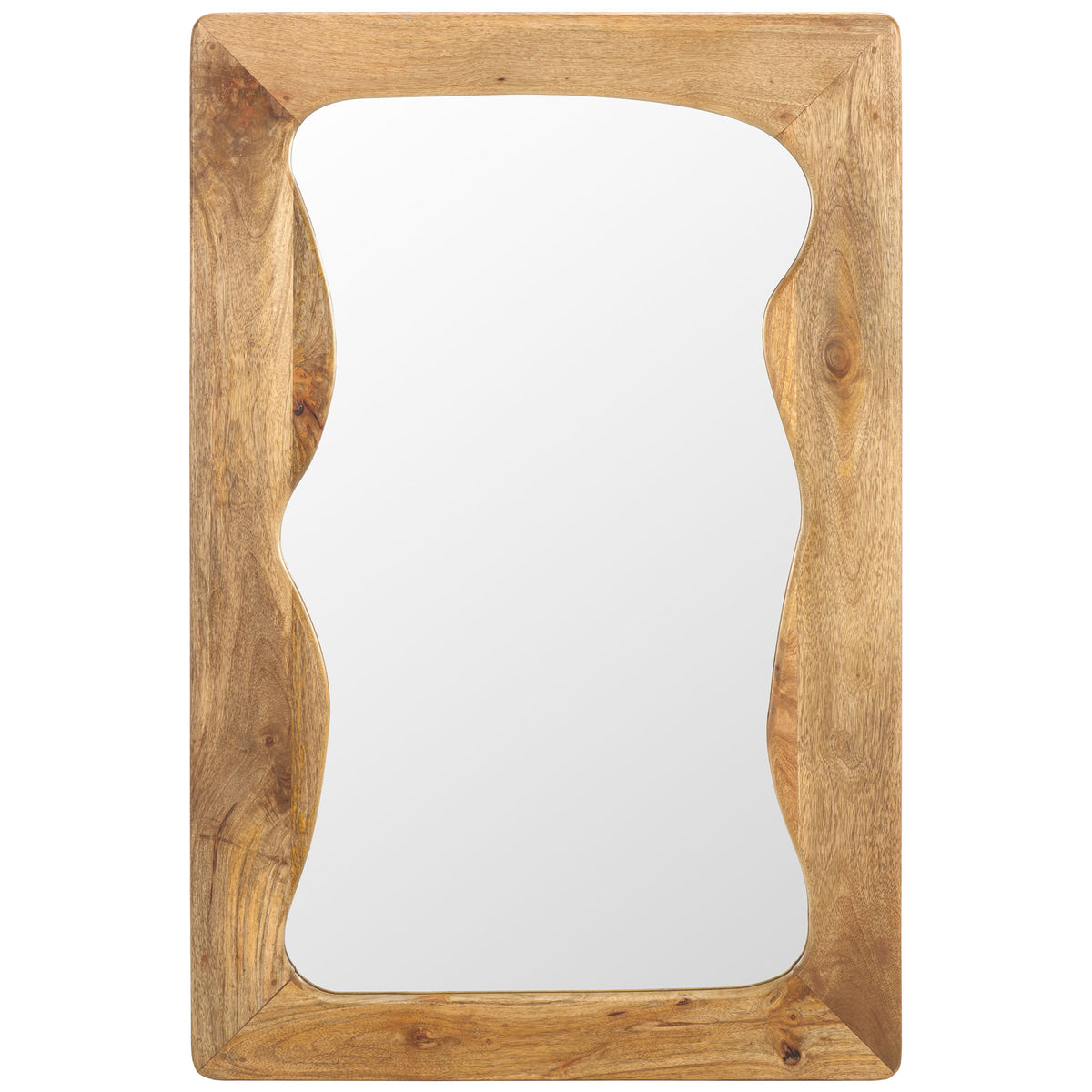 A tall mirror framed in warm mango wood features an artfully sculpted, wavy opening || MRR4005A || front_studio