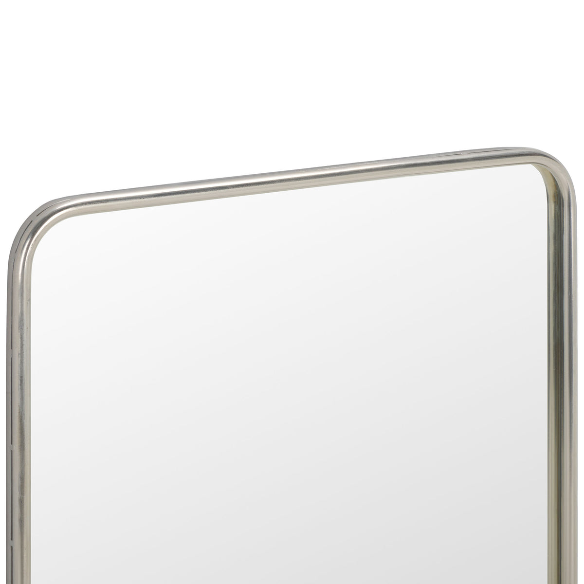 Slim chrome-finished frame curves smoothly around the mirror's rounded corners || MRR4006A || detail_studio