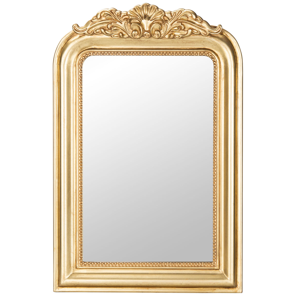 Antique gold wall mirror features a sculpted shell crest and beaded inner trim || MRR5000A || front_studio