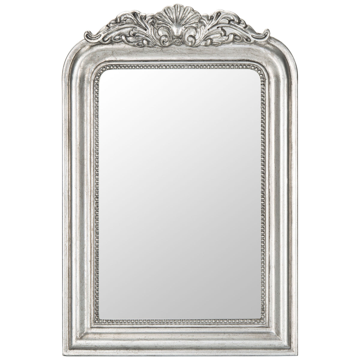 Antique silver wall mirror features a sculpted shell crest and beaded inner border || MRR5000B || front_studio
