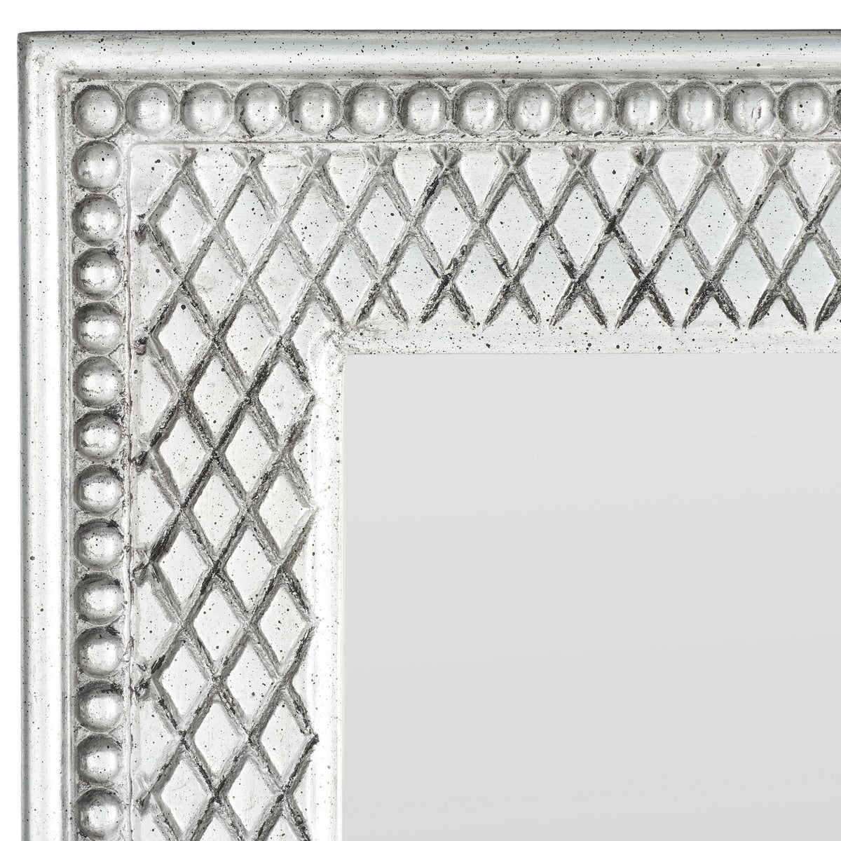 Antique silver mirror frame with raised diamond lattice and rounded bead accents || MRR5002B || detail_studio