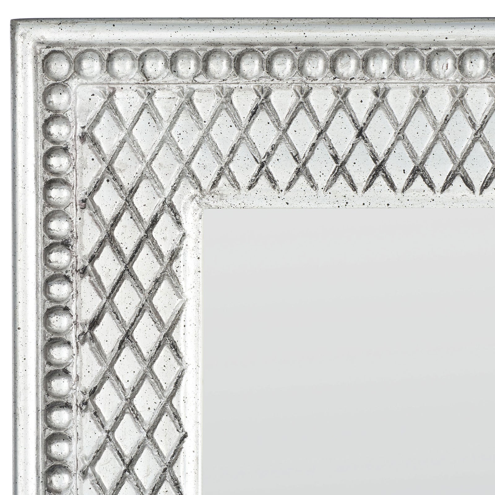 Antique silver mirror frame with raised diamond lattice and rounded bead accents || MRR5002B || detail_studio