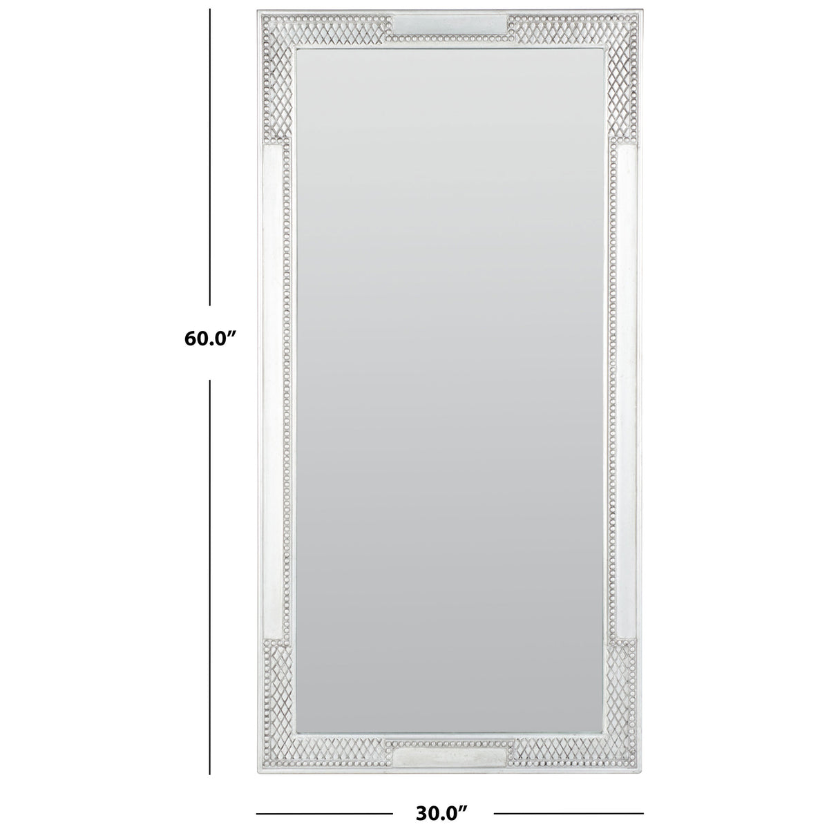 Silver wall mirror with a geometric frame, measuring 30 inches wide by 60 inches tall || MRR5002B || dimension_studio