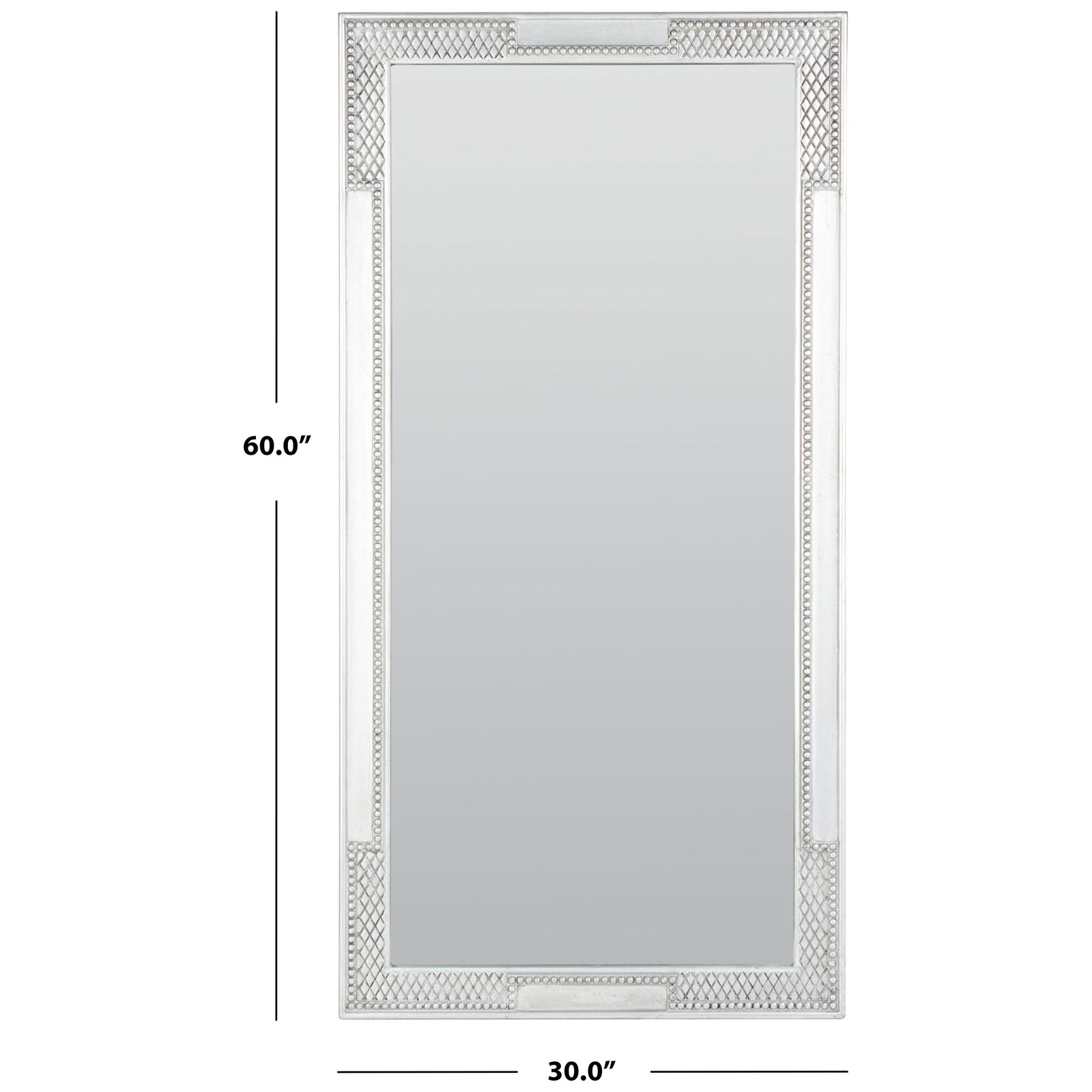 Silver wall mirror with a geometric frame, measuring 30 inches wide by 60 inches tall || MRR5002B || dimension_studio