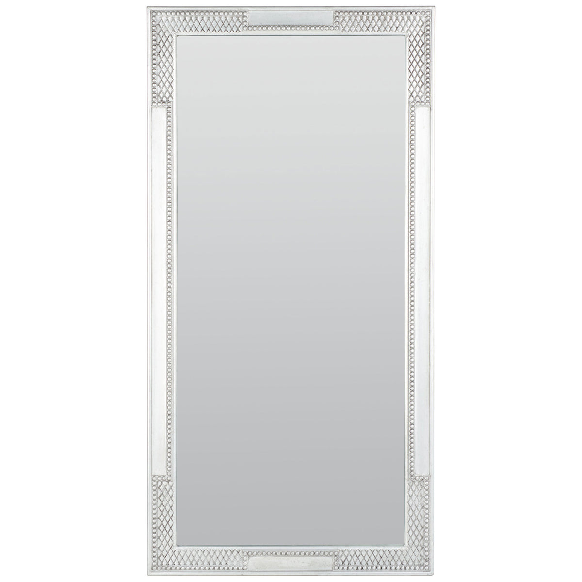 Tall rectangular mirror with an antique silver frame, diamond detailing, and beaded trim || MRR5002B || front_studio