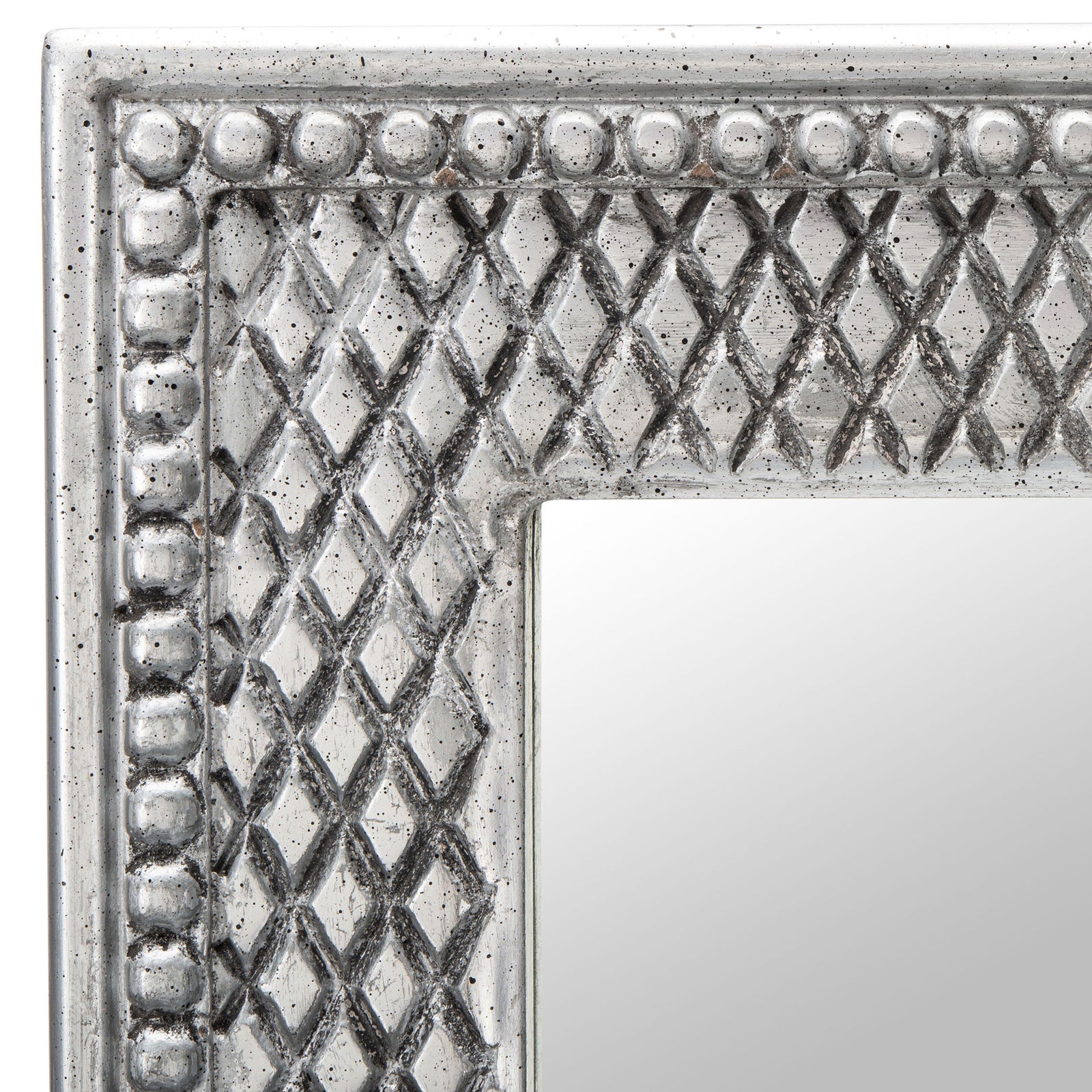 Antique silver frame with raised diamond latticework and rounded beaded trim || MRR5003B || detail_studio