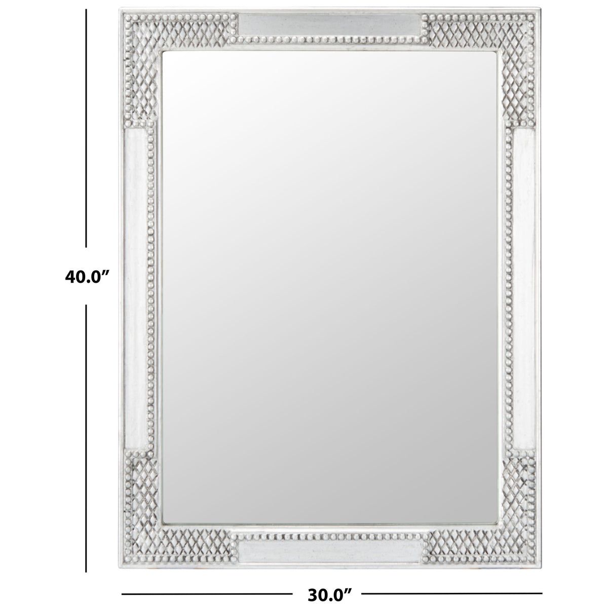 Ornate silver mirror with lattice-patterned corners, measuring 30 by 40 inches || MRR5003B || dimension_studio